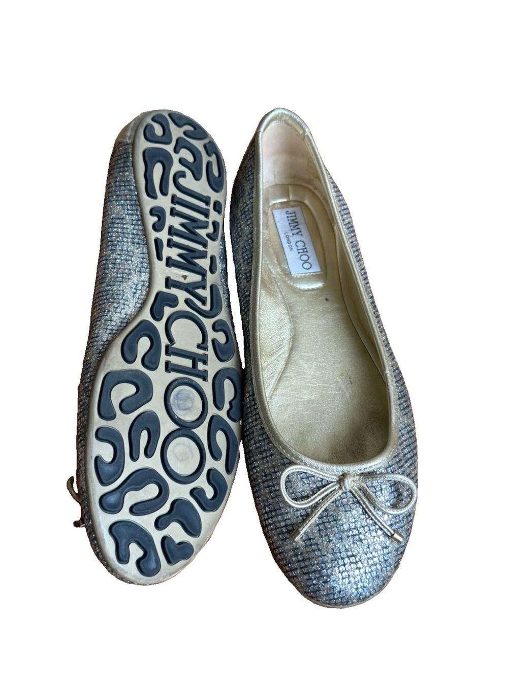 Jimmy Choo Glitter Ballet Flats Gold Metallic Bow Size 38.5 Made in Italy